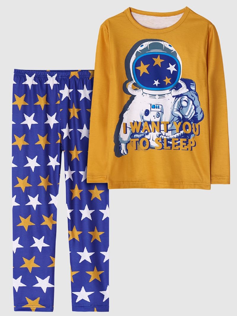 Lasten Poikien Pyjamat Astronaut Print Pyöreäkauluksinen Pitkähihainen Toppi & Housutsetti