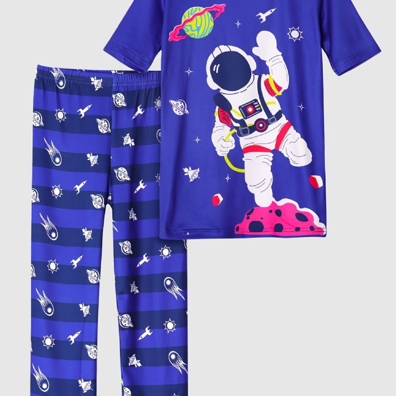 Lasten Poikien Pyjamat Sininen Astronaut Print Pyöreäkaula-aukoinen Lyhythihainen Toppi & Housut Vaatesetti