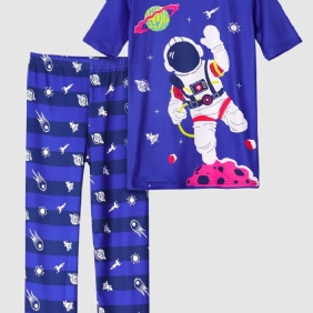 Lasten Poikien Pyjamat Sininen Astronaut Print Pyöreäkaula-aukoinen Lyhythihainen Toppi & Housut Vaatesetti