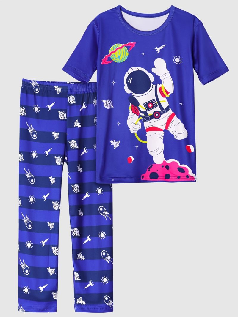 Lasten Poikien Pyjamat Sininen Astronaut Print Pyöreäkaula-aukoinen Lyhythihainen Toppi & Housut Vaatesetti
