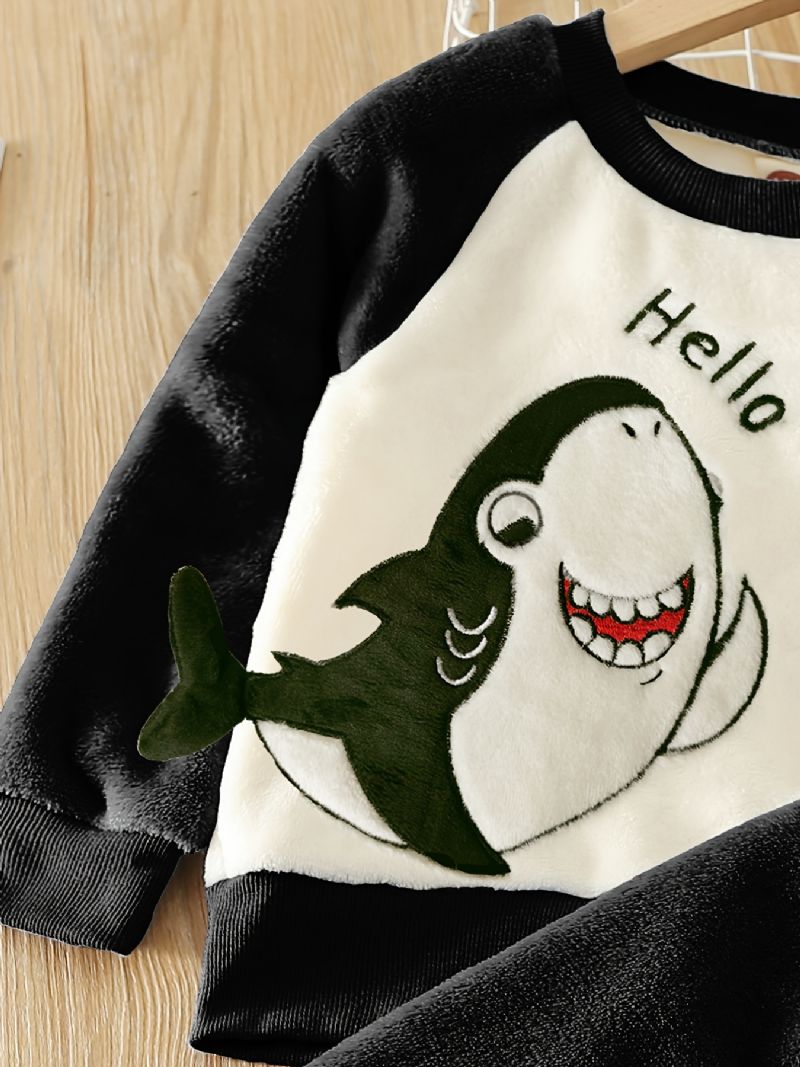 Poikien Fleece Color Block Shark Brodeerattu Neuletoppi + Yksiväriset Housutsetti Lasten Vaatteet Talveksi
