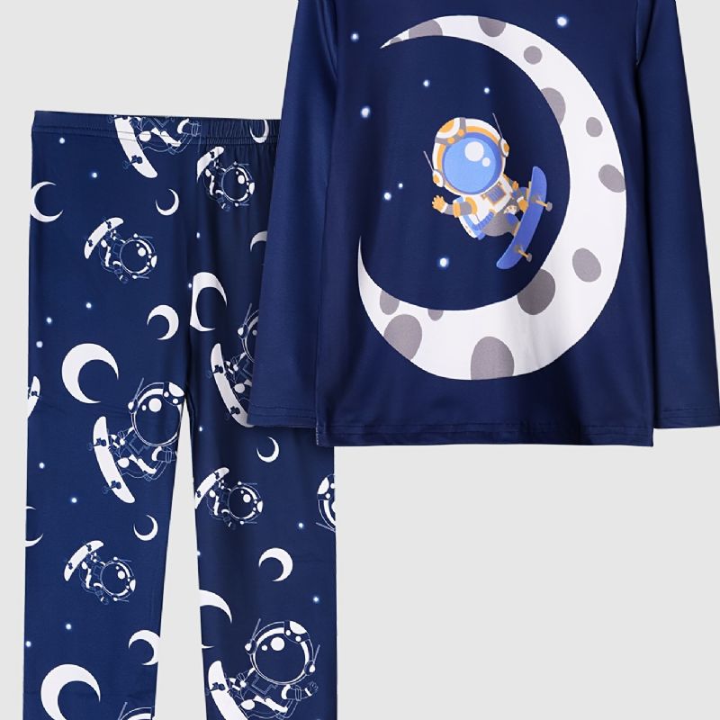 Poikien Pyjama Moon Astronaut Print Pyöreäkaula-aukkoinen Pitkähihainen Toppi & Housutsetti