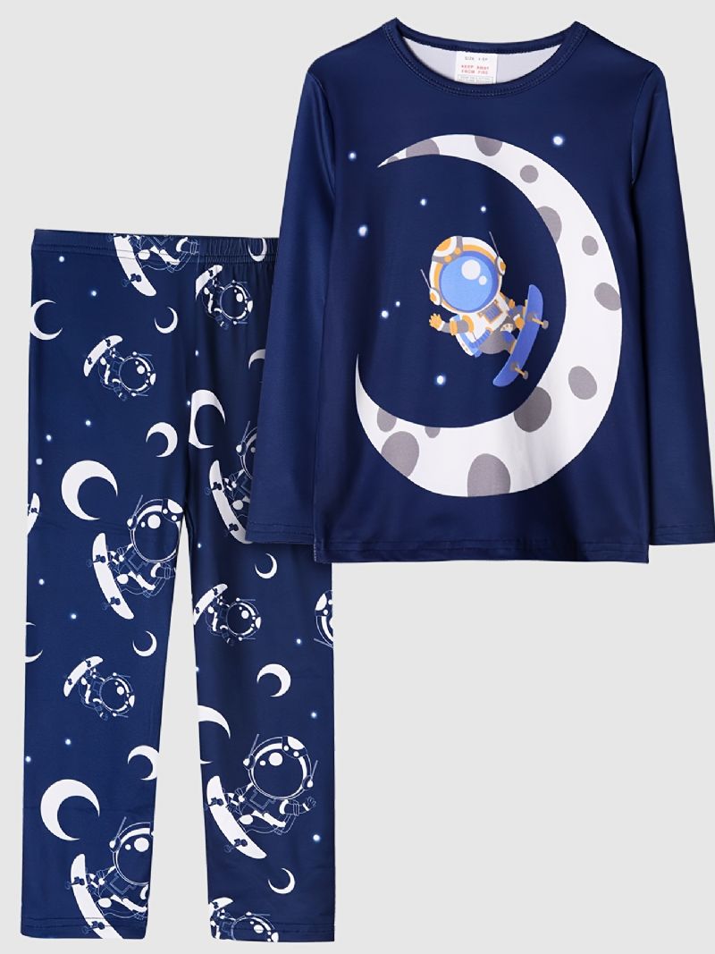 Poikien Pyjama Moon Astronaut Print Pyöreäkaula-aukkoinen Pitkähihainen Toppi & Housutsetti