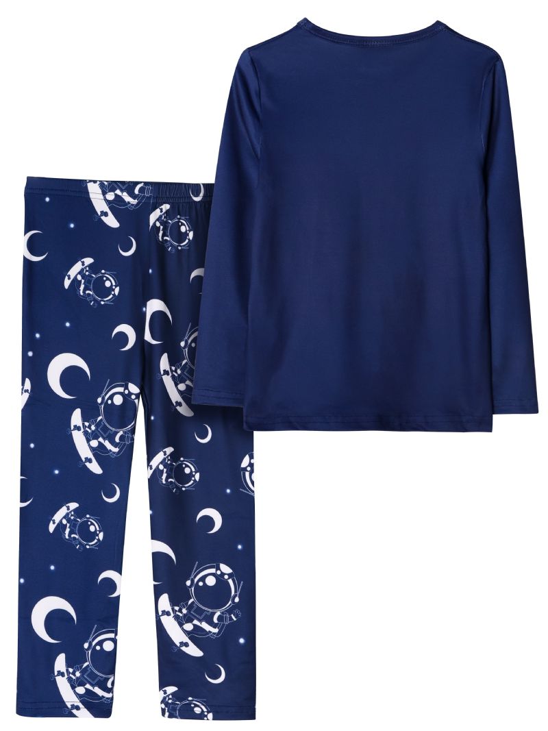 Poikien Pyjama Moon Astronaut Print Pyöreäkaula-aukkoinen Pitkähihainen Toppi & Housutsetti