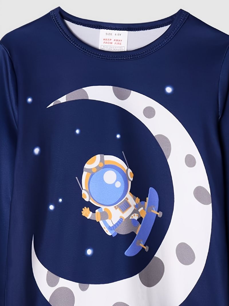 Poikien Pyjama Moon Astronaut Print Pyöreäkaula-aukkoinen Pitkähihainen Toppi & Housutsetti