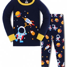 Poikien Pyjamat Perheasut Space Print Pyöreäpääntie Pitkähihainen Toppi & Housutsetti Lasten Vaatteet