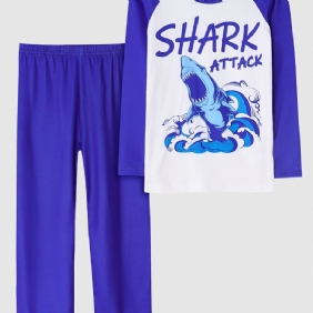 Vauvan Pyjamat Perheasu Shark Print Pyöreäkaula-aukoinen Pitkähihainen Toppi & Housutsetti Pojille Tytöille Lasten Vaatteet