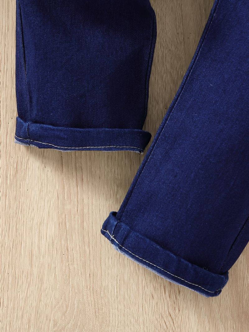 2kpl Tytöt Valkoinen Puff Sleeve Top Joustava Vyötärö Denim Farkut Housut Setti Vaatteet