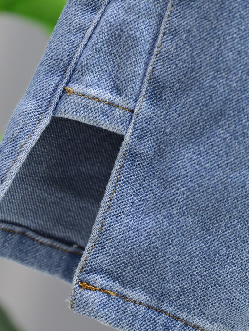 Tytöt Solid Denim Tyylikkäät Farkut Sivutaskuilla Rennot Housut