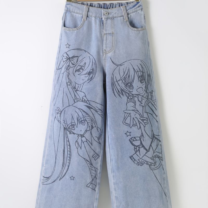 Tyttöjen Anime Print Preppy Straight Leg Farkut