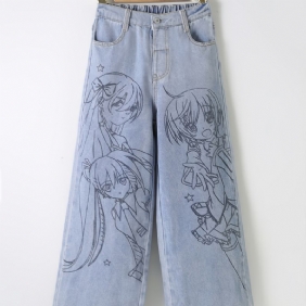 Tyttöjen Anime Print Preppy Straight Leg Farkut