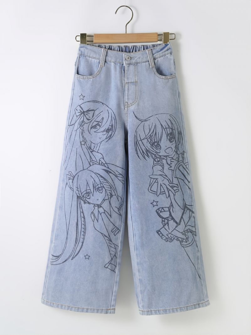 Tyttöjen Anime Print Preppy Straight Leg Farkut