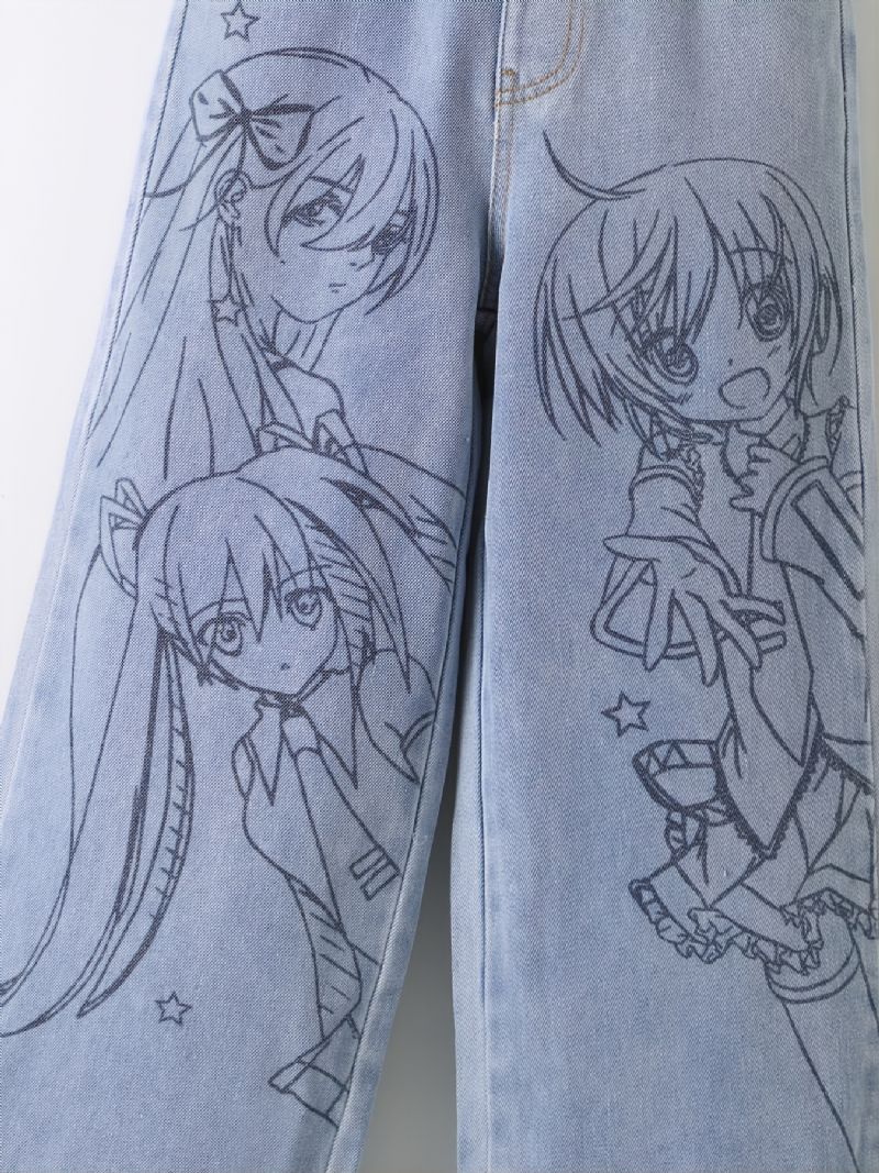 Tyttöjen Anime Print Preppy Straight Leg Farkut
