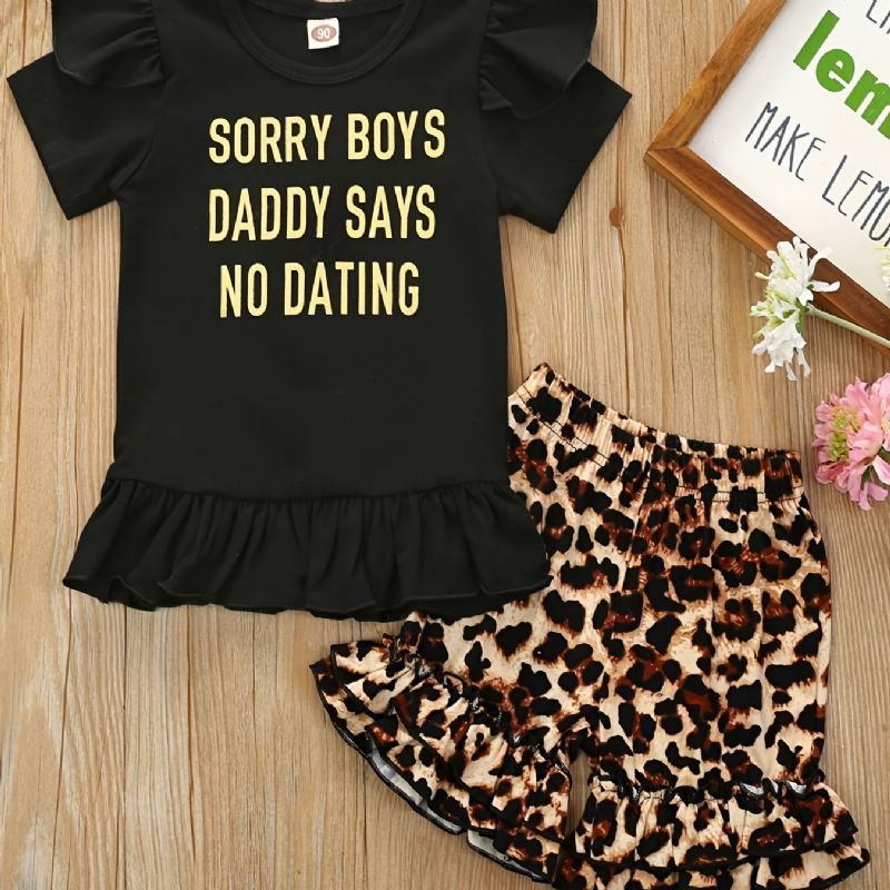 2kpl Tyttöjen Kirjekuvioinen Lyhythihainen Paita Top Leopard Print Shortsit Setti Vaatteet