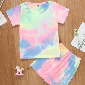 2kpl Vauvan Poikien & Tyttöjen Rainbow Color Tie Dye Lyhythihainen Paita Top & Shortsit Vaatesarja