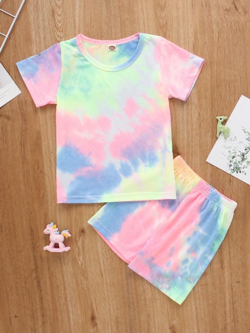 2kpl Vauvan Poikien & Tyttöjen Rainbow Color Tie Dye Lyhythihainen Paita Top & Shortsit Vaatesarja