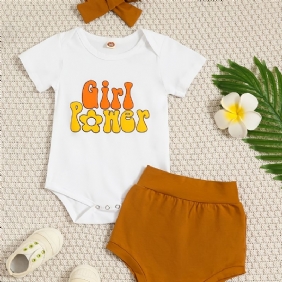 Infant Letter Print Romper Lyhythihainen Pyöreäkauluksinen Bodysuit & Solid Shortsit & Pääpantasetti Tyttövauville Taaperoiden Vaatteet