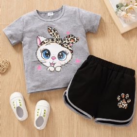 Tytöt Vauvat Sarjakuva Big Eye Cat Print T-paita Top & Cat Paw Leopard Shortsit Setti Kesäasu Lasten Vaatteet