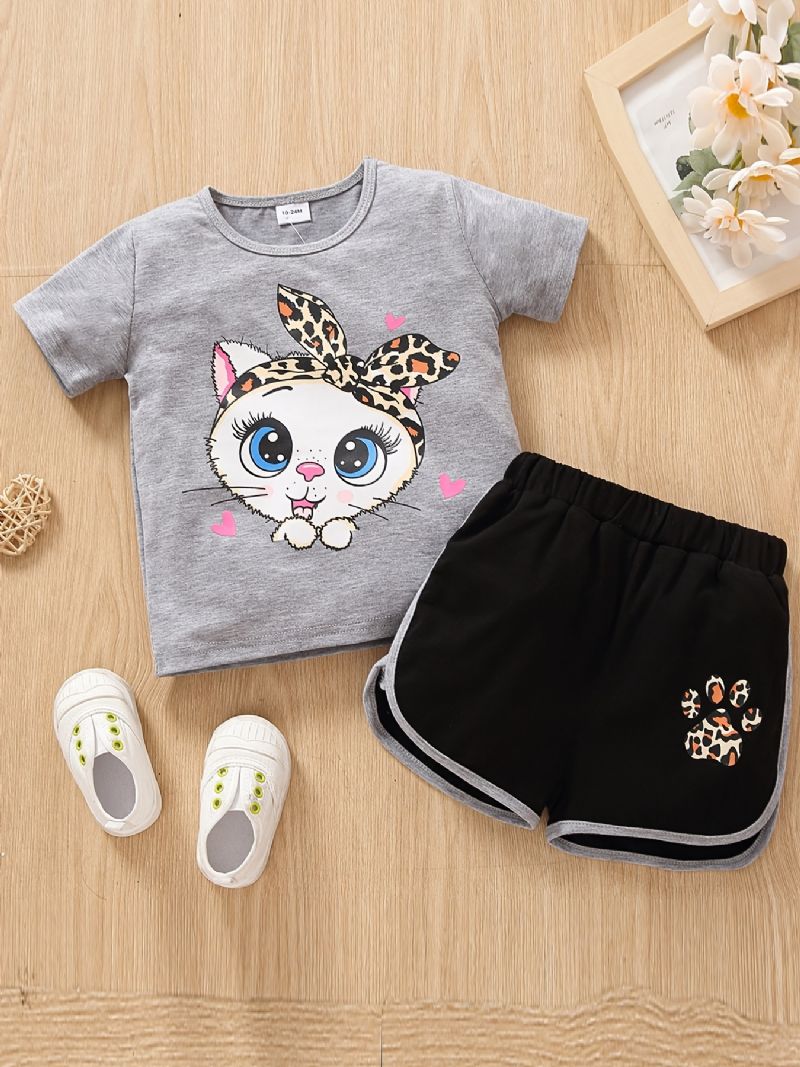 Tytöt Vauvat Sarjakuva Big Eye Cat Print T-paita Top & Cat Paw Leopard Shortsit Setti Kesäasu Lasten Vaatteet