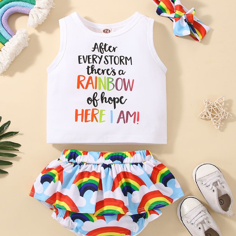 Tyttövauvojen Hihaton Toppi & Rainbow Print Shortsit Ja Panta