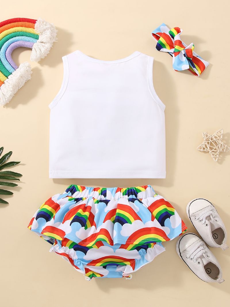 Tyttövauvojen Hihaton Toppi & Rainbow Print Shortsit Ja Panta