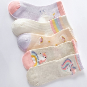 5 Paria Lasten Sukat Sarjakuva Unicorn Rainbow Mesh Hengittävät Puuvillasukat Tytöille