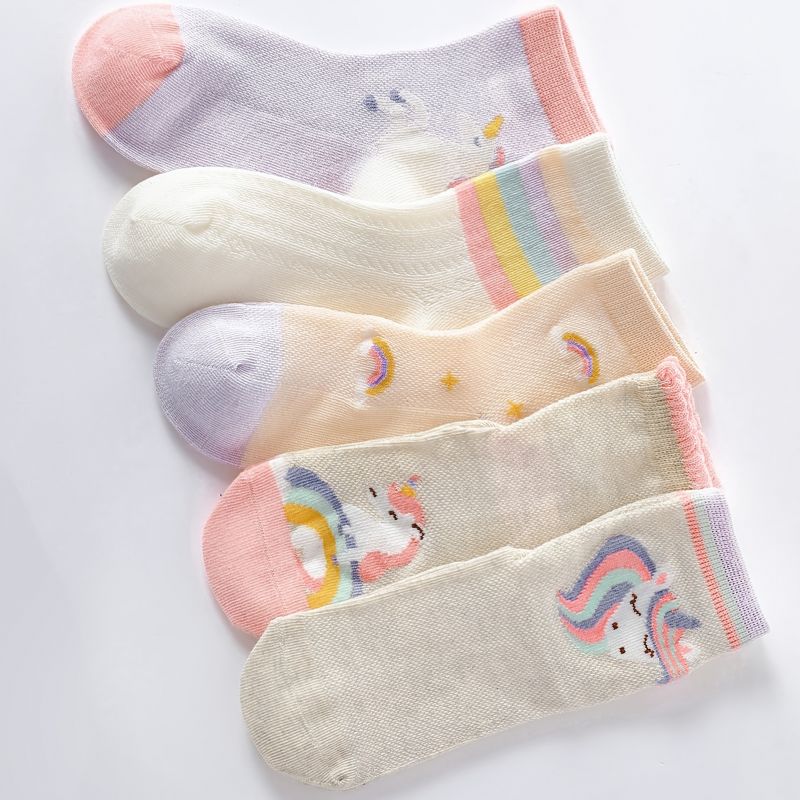 5 Paria Lasten Sukat Sarjakuva Unicorn Rainbow Mesh Hengittävät Puuvillasukat Tytöille