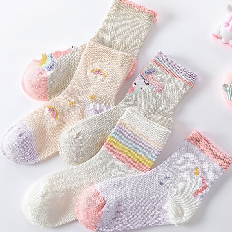 5 Paria Lasten Sukat Sarjakuva Unicorn Rainbow Mesh Hengittävät Puuvillasukat Tytöille