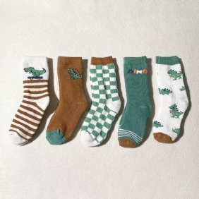 5 Paria Poikien Tyttöjen Rennot Sarjakuva Dinosaur Print Crew Sukat Söpöt Fleecepaksut Pehmeät Mukavat